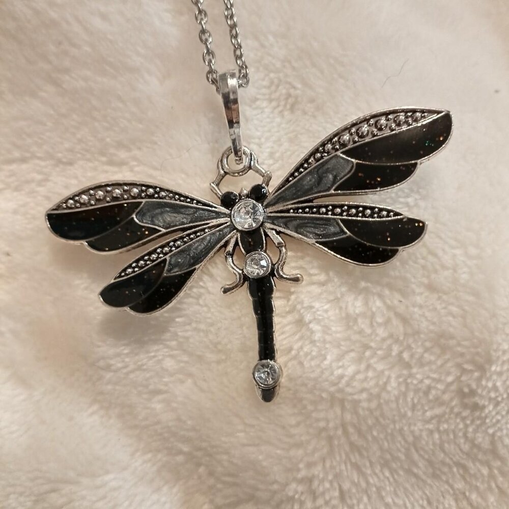 Black Dragonfly Necklace With Silver Chain